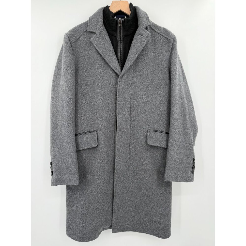 Cole Haan Classic Wool Twill Topper Coat Men Small Faux Leather Trim Knit-Bib